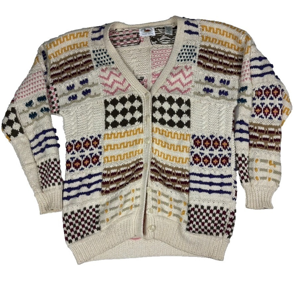 Vintage Hand Knit Patchwork Cardigan Sweater Ramie Cotton Quilt Boho PM‎ Cottage